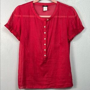 J. Crew Red Ruffle Sleeve Button Popover Semi Sheer Top 0